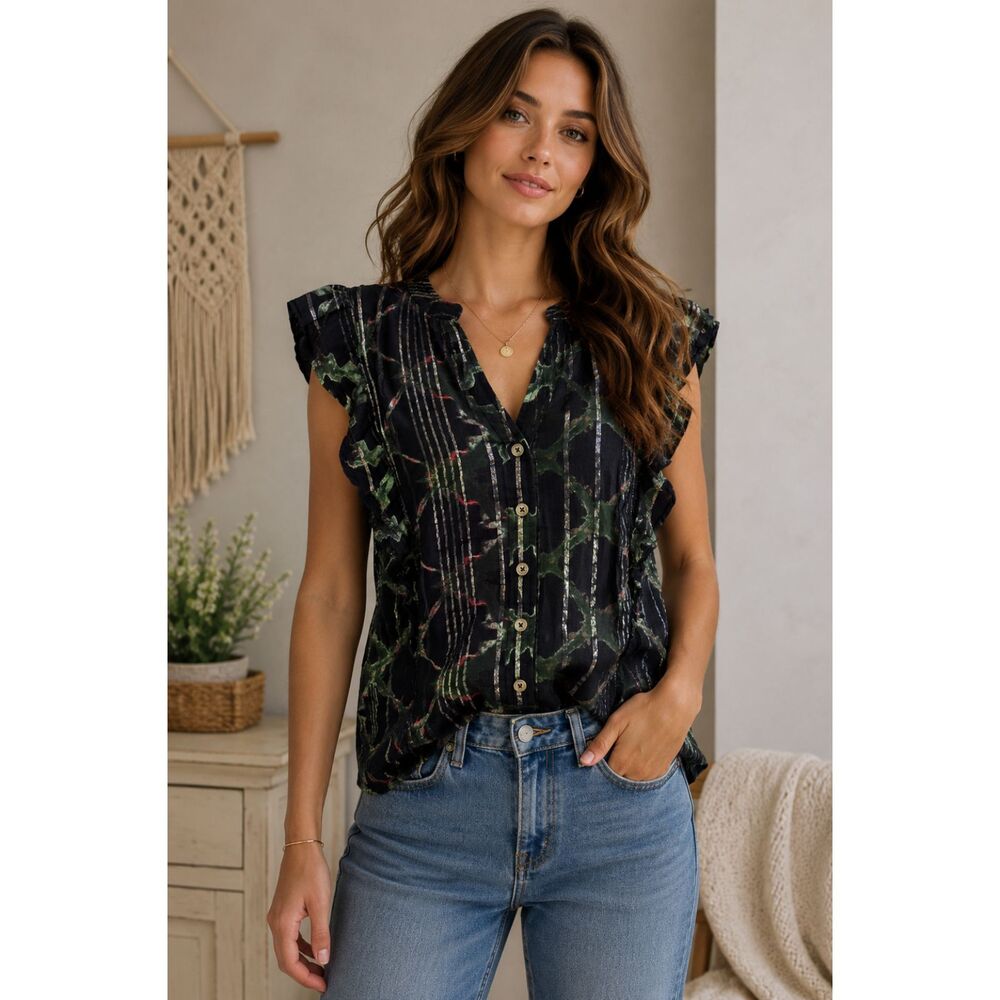 Pilcro Anthropologie Metallic Stripe Ruffle Sleeve Blouse Black Green Boho Top M